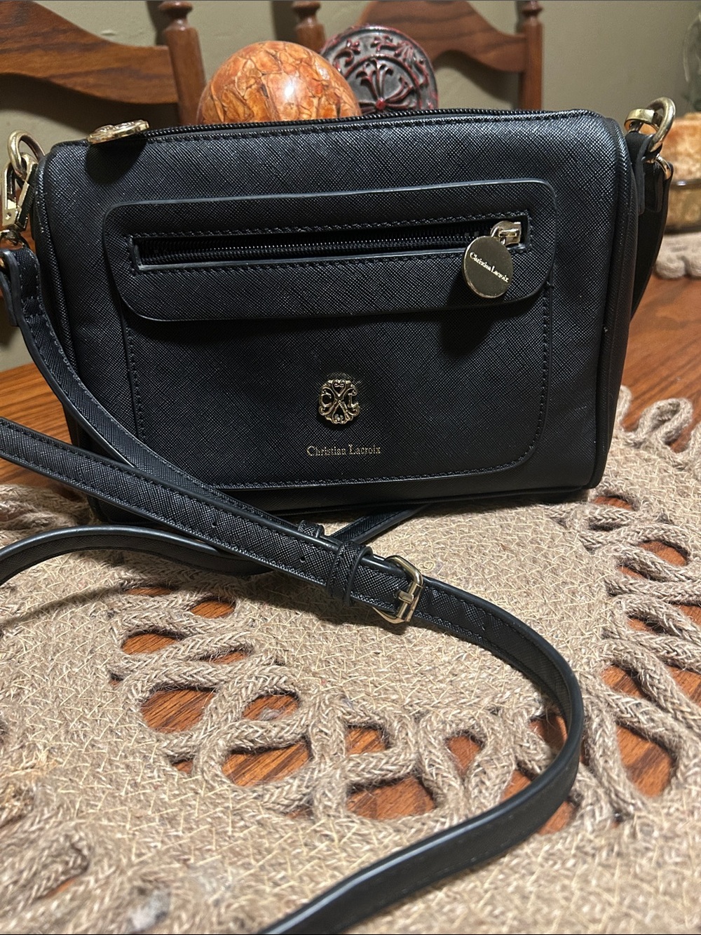 Christian Lacroix Black Leather Crossbody with Gold Accents